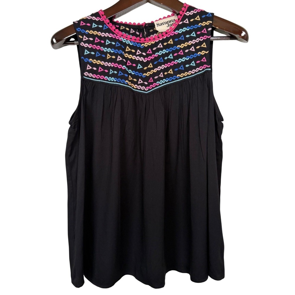 Savanna Jane Womens Black Embroidered‎ Tribal Tank Top Size Medium